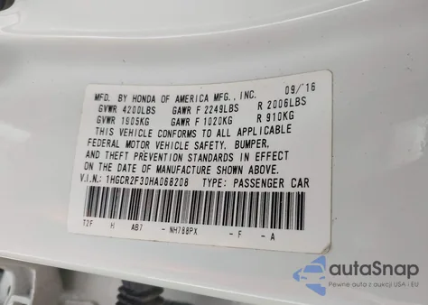 2017 Honda Accord Lx from USA, damaged, VIN 1HGCR2F30HA068208